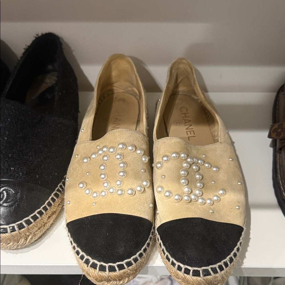 CHANEL Pearl Embellished Beige and Black Espadrilles